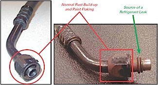 corrosion buildup around the o-ring and metal line degradation at the o-ring may be the source of a refrigerant leak.  source: delphi product & service solutions 