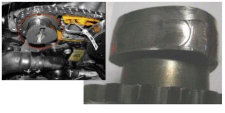 figure 2: excessive wear on the lobe for the high-pressure fuel pump in the intake camshaft.