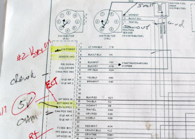 this photo illustrates how i use electrical schematics. critical circuit pins are highlighted in yellow and annotated in red. working from a schematic is the quickest way to cut your diagnostic time.