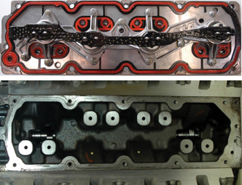 figure 5: gm solenoid manifold (top) seals the center lifter valley controlling oil flow to eight dod lifter ports (bottom).