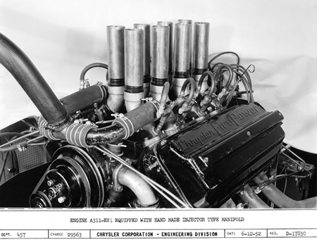 is this the first fuel-injected hemi engine built by chrysler? this 331-cubic-inch chrysler firepower hemi was an early version of the a311 series being developed for the 1953 indianapolis 500-mile race. meanwhile, a california hot rodder named ray brown was already secretly preparing a chrysler hemi with hilborn fuel injection for the bonneville salt flats race. find out all about this and more at www.hemi.com.