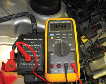 figure 3: after the battery was disconnected, resistance was measured between chassis and sensor grounds through the pcm using the 8815 pin out box.  