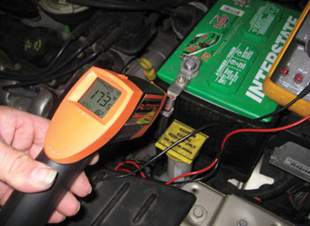 figure 8: the battery negative terminal crimp measured 173° f, despite a clean appearance. 