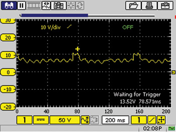 photo 4: the ckp waveform “floating” well above zero volts indicates a bad ground circuit.