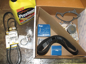 photo 7: purchasing a timing belt kit saves time and money. all of the parts are from oe manufacturers.